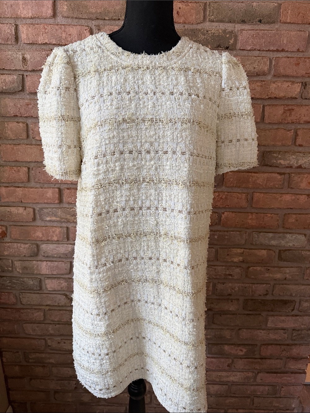 Cream Textured Short Sleeve Mini Dress with Metallic Detail